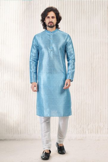 Pretty Jacquard Banarasi Silk Fabric Readymade Men Kurta Pyjama In Cyan Color