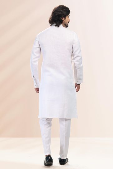 White Color Cotton Fabric Function Wear Readymade Kurta Pyjama For Men