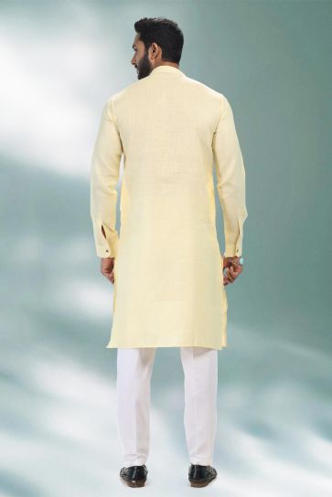 Yellow Cotton Fabric Sangeet Wear Trendy Readymade Kurta Pyjama For Men