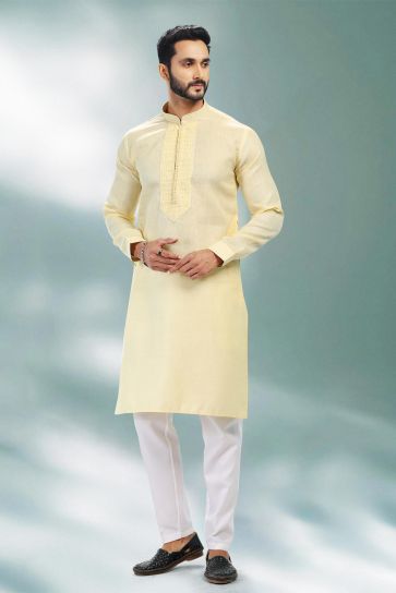 Yellow Cotton Fabric Sangeet Wear Trendy Readymade Kurta Pyjama For Men