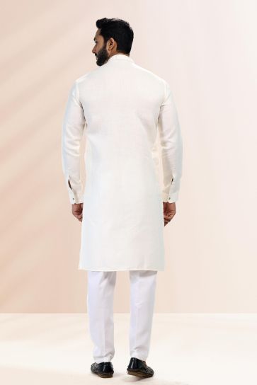 Cotton Beautiful Cream Color Wedding Wear Readymade Kurta Pyjama For Men