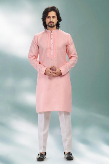 Pink Color Reception Wear Readymade Cotton Fabric Kurta Pyjama For Men