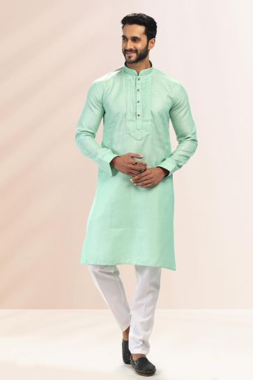 Sea Green Cotton Fabric Festive Wear Readymade Kurta Pyjama For Men