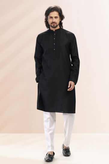 Black Color Cotton Fabric Function Wear Readymade Kurta Pyjama For Men