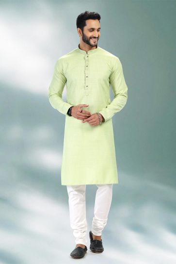 Sea Green Color Sangeet Wear Cotton Fabric Designer Readymade Kurta Pyjama For Men