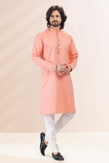 Pink Color Engaging Cotton Fabric Festive Wear Readymade Kurta Pyjama For Men