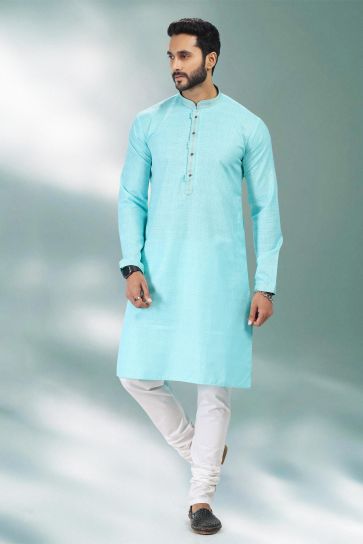 Fetching Cyan Cotton Fabric Sangeet Wear Readymade Kurta Pyjama For Men