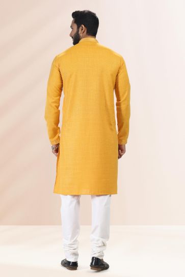 Mustard Color Cotton Fabric Reception Wear Striking Readymade Kurta Pyjama For Men