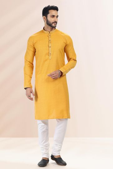 Mustard Color Cotton Fabric Reception Wear Striking Readymade Kurta Pyjama For Men
