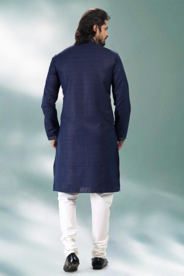 Cotton Lovely Navy Blue Color Festive Wear Readymade Kurta Pyjama For Men