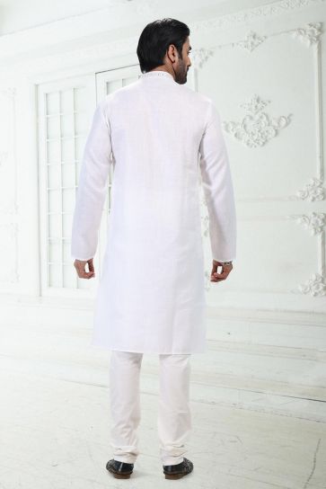 Cotton Fabric Readymade Off White Color Kurta Pyjama For Men
