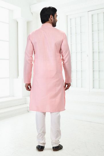 Pink Cotton Fabric Readymade Kurta Pyjama For Men
