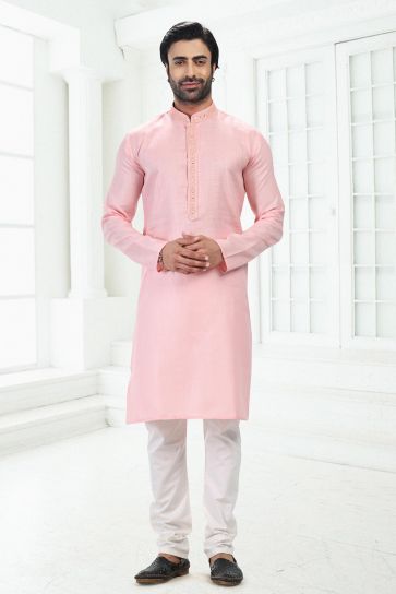 Pink Cotton Fabric Readymade Kurta Pyjama For Men