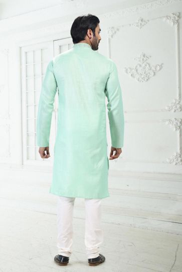 Cotton Fabric Sea Green Color Readymade Kurta Pyjama For Men