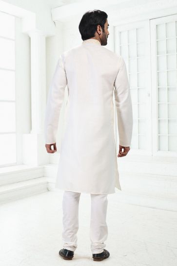 Cream Color Cotton Fabric Fancy Readymade Kurta Pyjama For Men