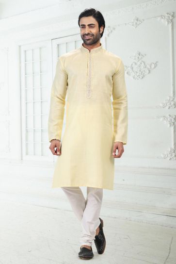 Appealing Yellow Color Cotton Fabric Readymade Kurta Pyjama For Men
