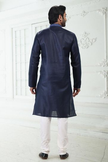 Navy Blue Color Cotton Fabric Captivating Readymade Kurta Pyjama For Men