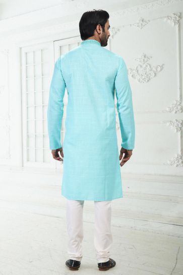 Cyan Color Gorgeous Cotton Fabric Readymade Kurta Pyjama For Men