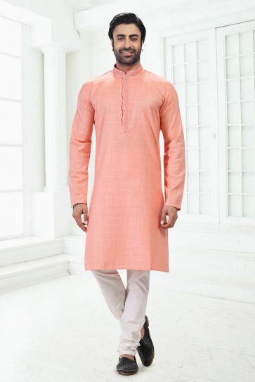 Peach Color Cotton Fabric Striking Readymade Kurta Pyjama For Men