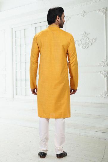 Stunning Yellow Color Cotton Fabric Readymade Kurta Pyjama For Men