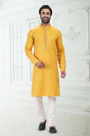 Stunning Yellow Color Cotton Fabric Readymade Kurta Pyjama For Men