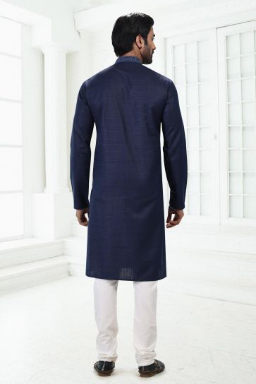 Cotton Fabric Lovely Navy Blue Color Readymade Kurta Pyjama For Men