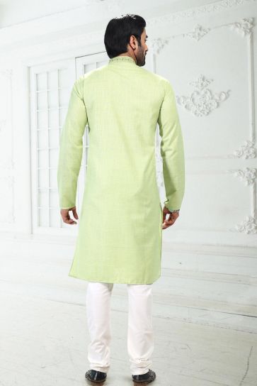 Sea Green Color Pretty Readymade Kurta Pyjama For Men In Cotton Fabric