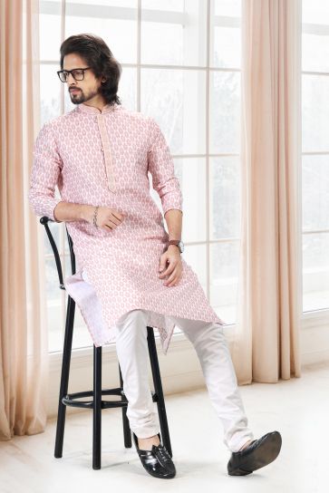 Peach Color Sangeet Wear Cotton Fabric Printed Designer Readymade Kurta Pyjama For Men