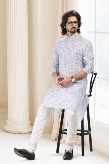 Printed Appealing Grey Color Cotton Fabric Function Wear Readymade Kurta Pyjama For Men