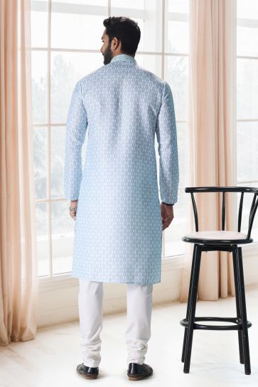 Cyan Color Printed Engaging Cotton Fabric Festive Wear Readymade Kurta Pyjama For Men