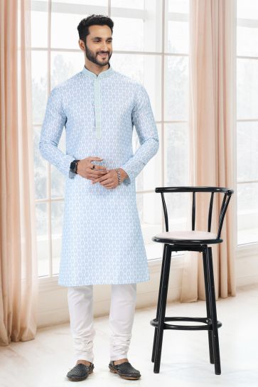 Cyan Color Printed Engaging Cotton Fabric Festive Wear Readymade Kurta Pyjama For Men