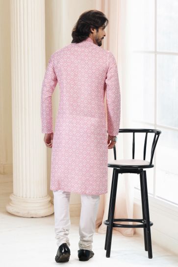 Pink Color Cotton Fabric Printed Festive Wear Captivating Readymade Kurta Pyjama For Men