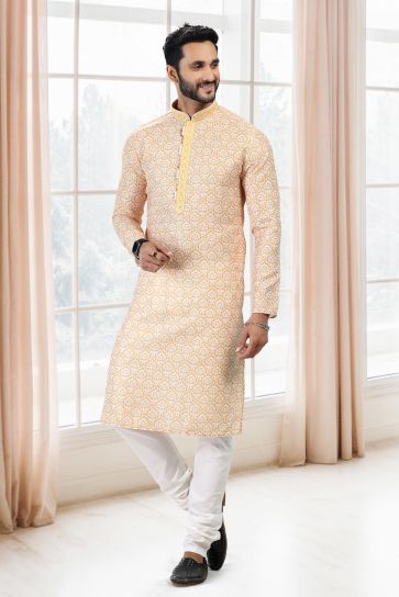 Yellow Color Cotton Fabric Function Wear Printed Fashionable Readymade Kurta Pyjama For Men
