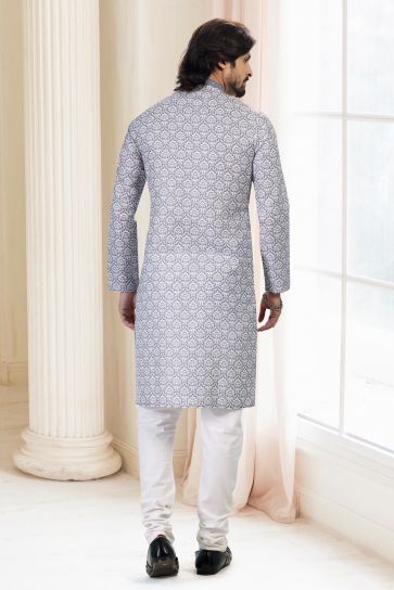 Printed Grey Color Gorgeous Cotton Fabric Wedding Wear Readymade Kurta Pyjama For Men