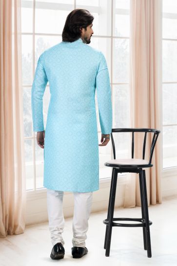 Cyan Color Printed Cotton Fabric Reception Wear Striking Readymade Kurta Pyjama For Men
