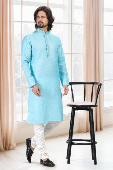 Cyan Color Printed Cotton Fabric Reception Wear Striking Readymade Kurta Pyjama For Men