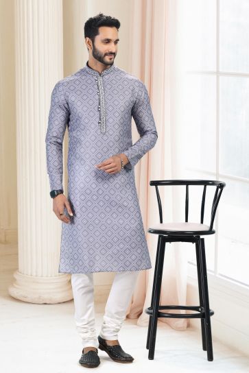 Grey Color Stunning Cotton Fabric Printed Function Wear Readymade Kurta Pyjama For Men