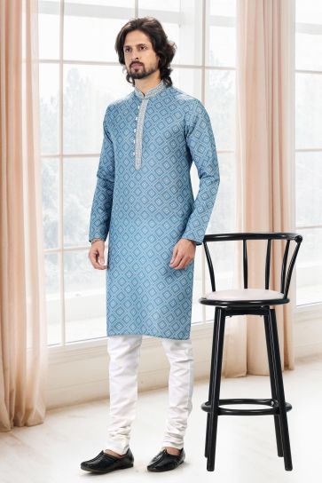 Lovely Blue Color Festive Wear Printed Readymade Kurta Pyjama For Men