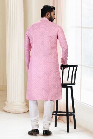 Cotton Fabric Pink Color Printed Festive Wear Stylish Readymade Kurta Pyjama For Men
