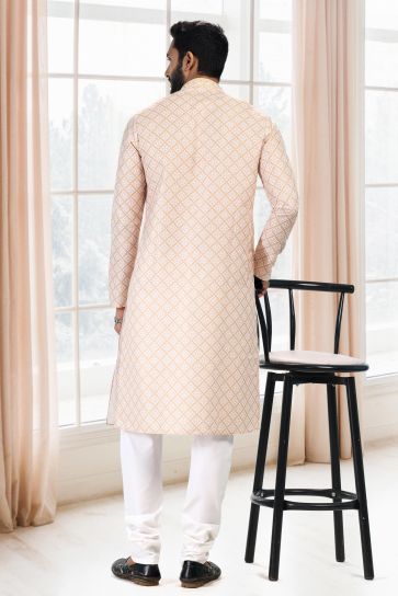 Beautiful Printed Cotton Fabric Wedding Wear Readymade Kurta Pyjama For Men In Beige Color