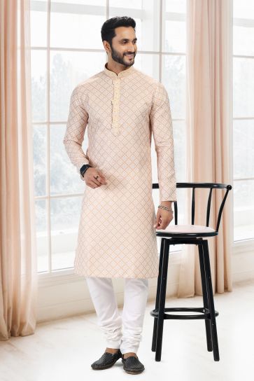 Beautiful Printed Cotton Fabric Wedding Wear Readymade Kurta Pyjama For Men In Beige Color
