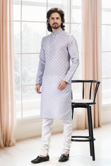 Grey Color Festive Wear Readymade Lovely Printed Kurta Pyjama For Men