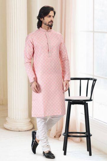 Printed Pretty Cotton Fabric Sangeet Wear Readymade Men Kurta Pyjama In Peach Color