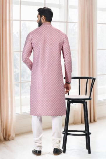 Beautiful Printed Pink Color Wedding Wear Readymade Kurta Pyjama For Men In Cotton Fabric