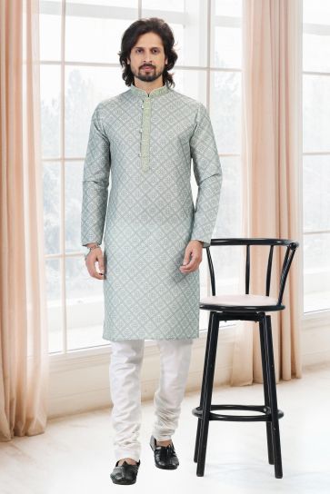 Attractive Printed Sea Green Color Cotton Fabric Sangeet Wear Readymade Kurta Pyjama For Men