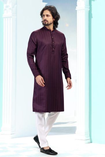 Purple Color Art Silk Fabric Function Wear Readymade Kurta Pyjama For Men