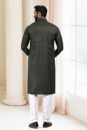 Dark Green Art Silk Fabric Sangeet Wear Trendy Readymade Kurta Pyjama For Men