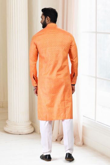 Orange Color Art Silk Fabric Function Wear Readymade Kurta Pyjama For Men