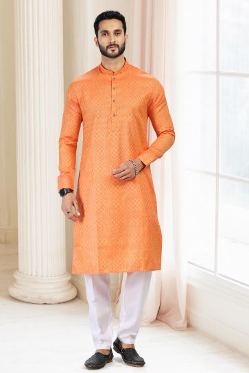 Orange Color Art Silk Fabric Function Wear Readymade Kurta Pyjama For Men