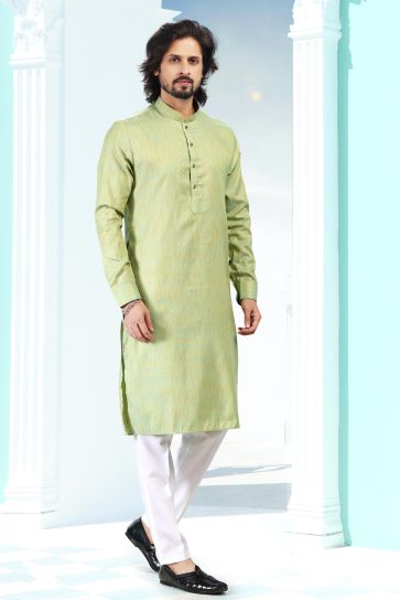 Sea Green Color Sangeet Wear Art Silk Fabric Designer Readymade Kurta Pyjama For Men